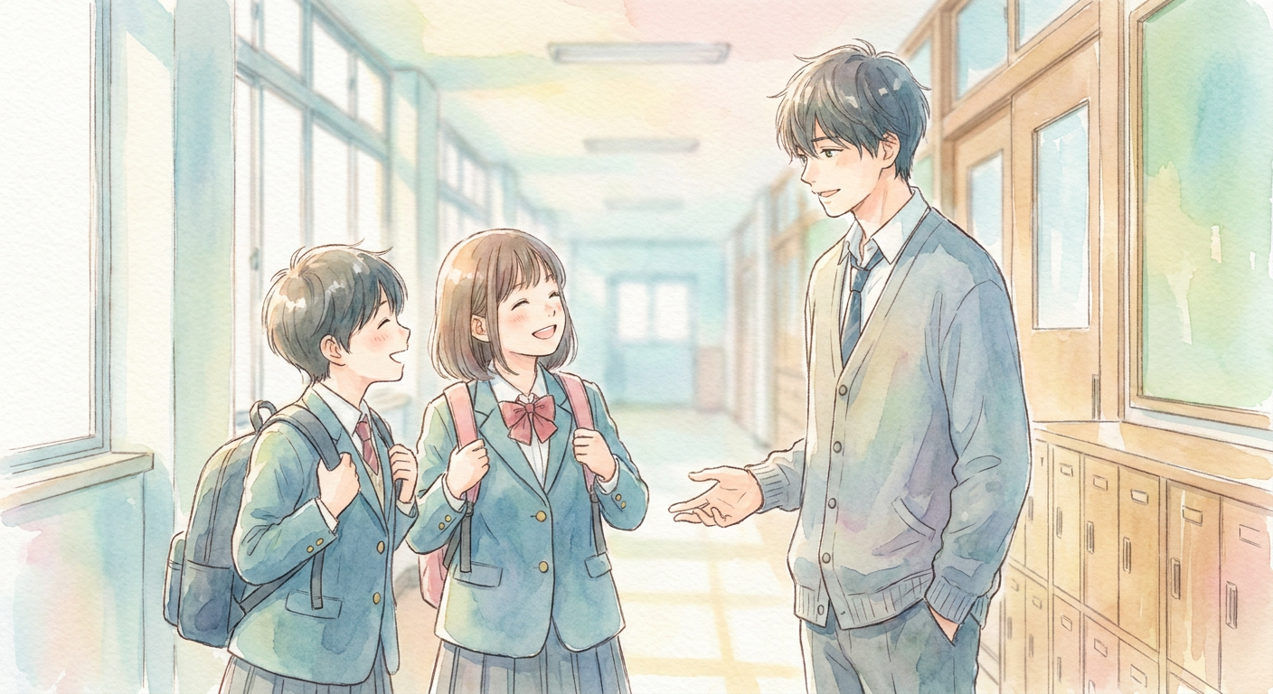 学校の廊下や部活で先輩と話す高校生のイメージ