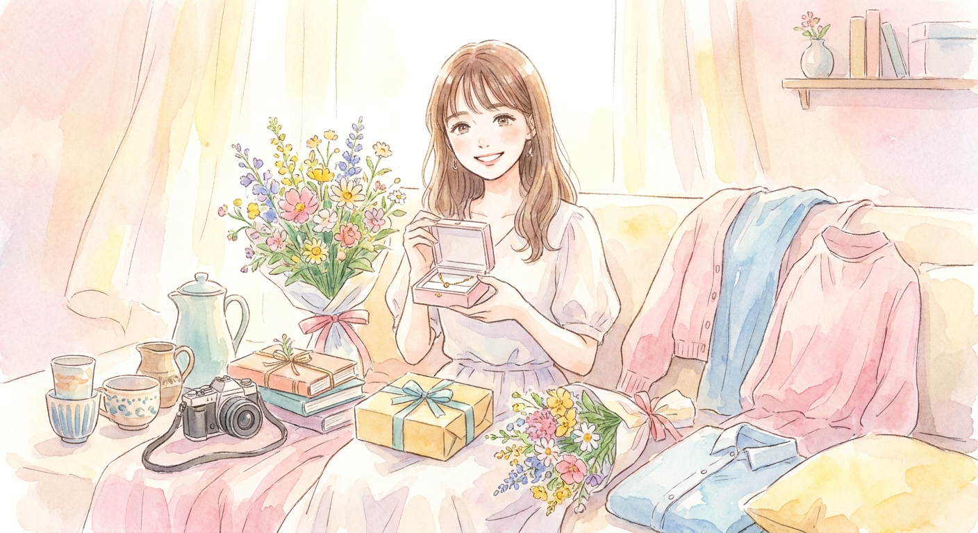 20歳の誕生日プレゼントを選ぶイメージ(水彩イラスト風・パステル)