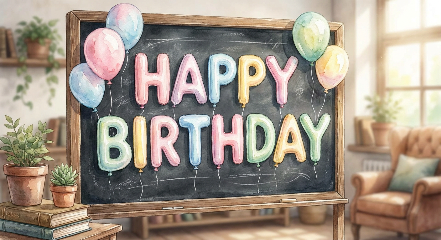 黒板やボードに大きく書かれたバルーン文字のHappy Birthdayのイメージ