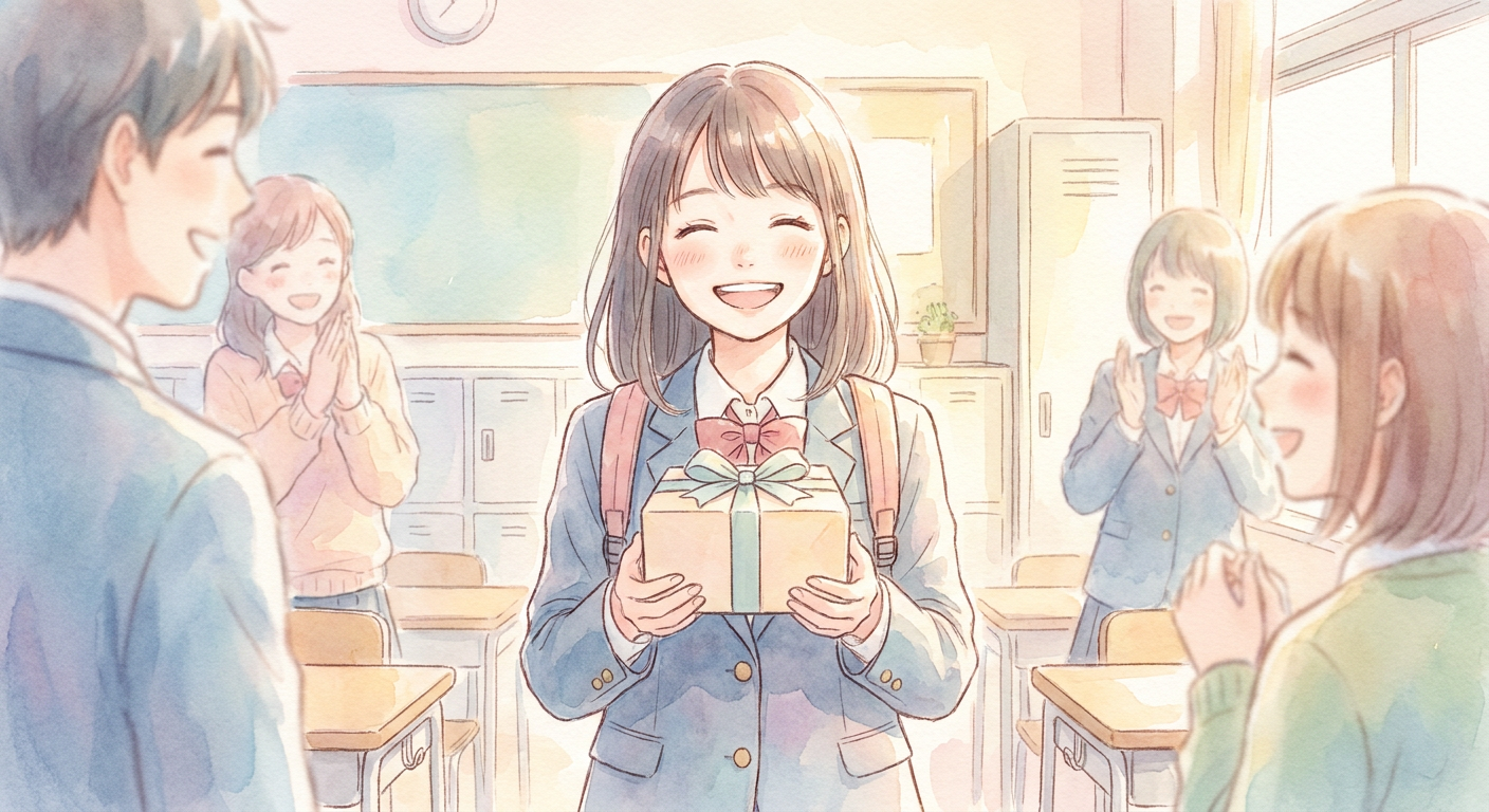 高校生がプレゼントを受け取って笑顔になっているイメージ(水彩イラスト風)