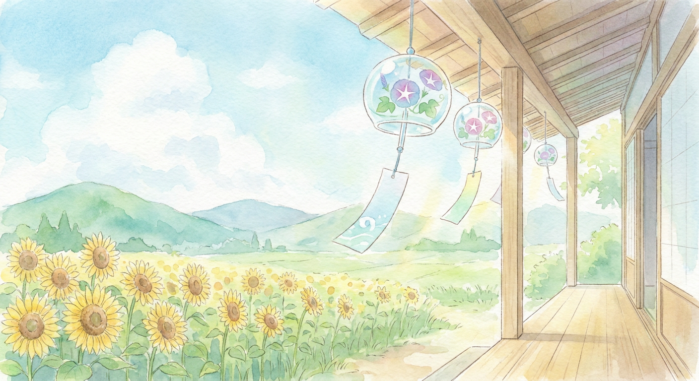 夏の風景(風鈴やひまわりなど)の爽やかなイメージ写真