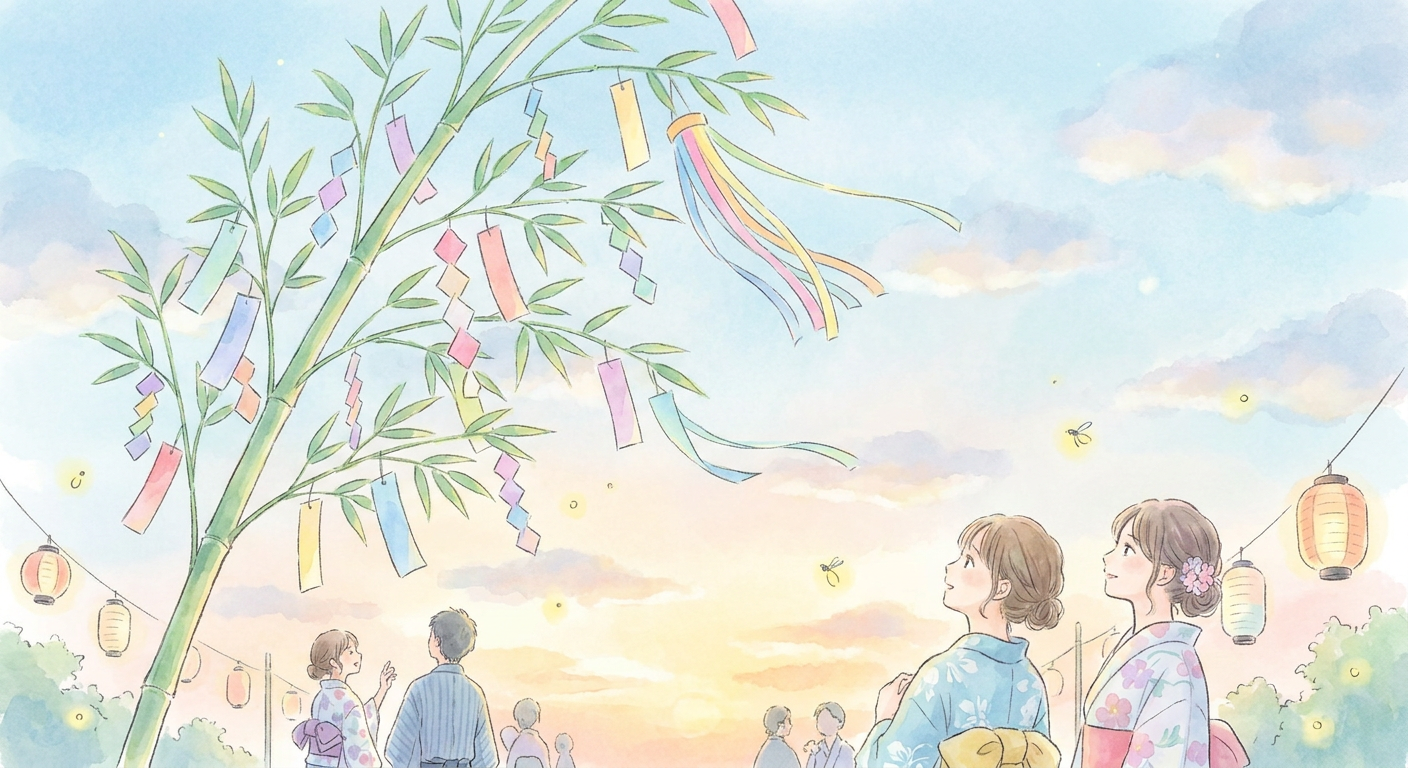 七夕の笹飾りや夏の青空など、7月をイメージさせるやわらかい水彩イラスト