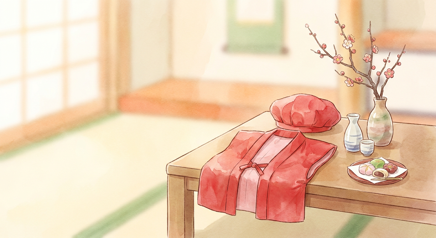 赤いちゃんちゃんこと還暦祝いのイメージ(水彩イラスト風)
