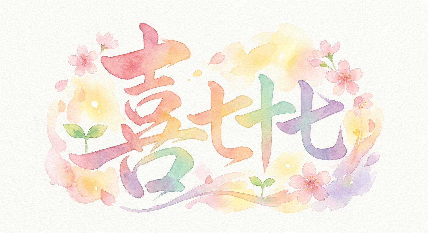 「喜」の草書体「㐂」と七十七のイメージ
