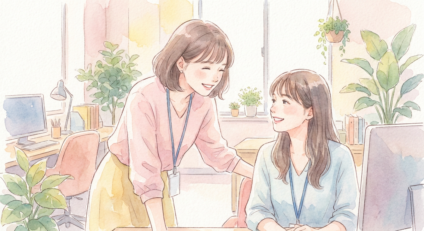 職場で同僚に笑顔で声をかけるイメージ