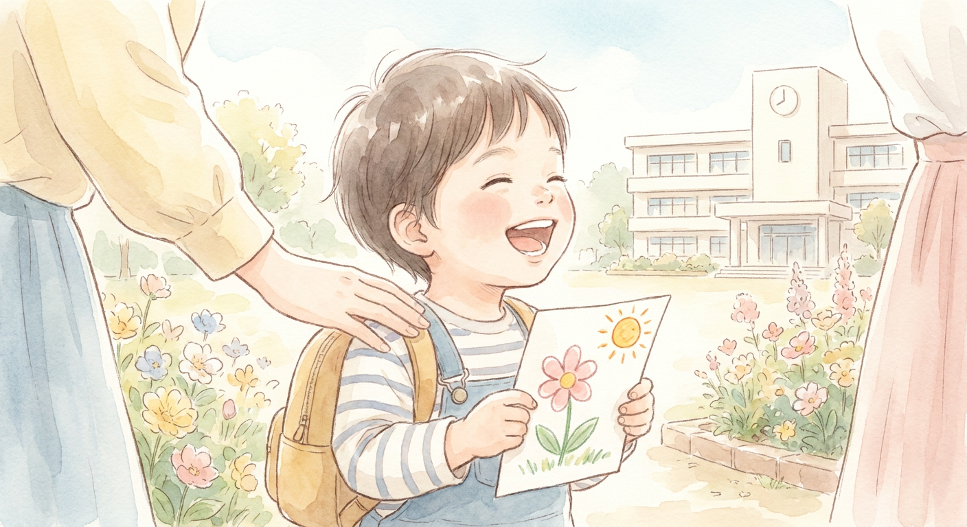 入園を喜ぶ子どもとメッセージカードのイメージ