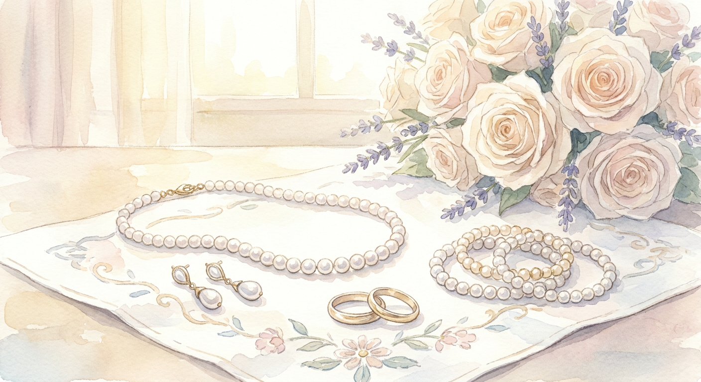 真珠のアクセサリーと結婚記念日をイメージしたやわらかな水彩イラスト