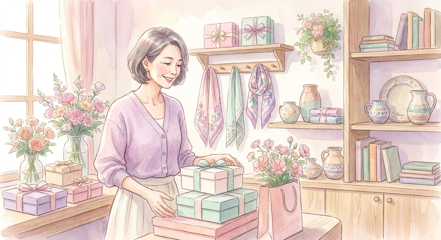 50代女性へのプレゼントを選ぶイメージ（水彩イラスト風・パステル）