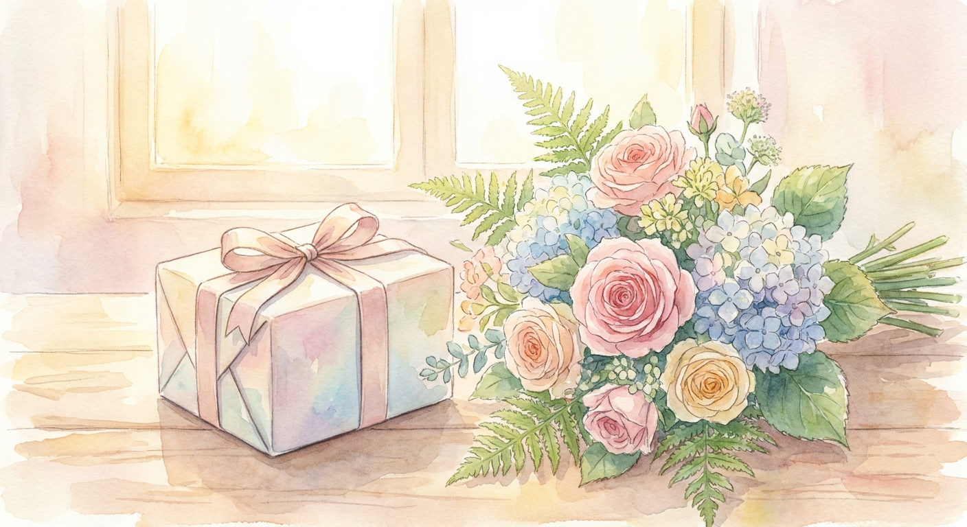 ラッピングされたプレゼントと花のイメージ