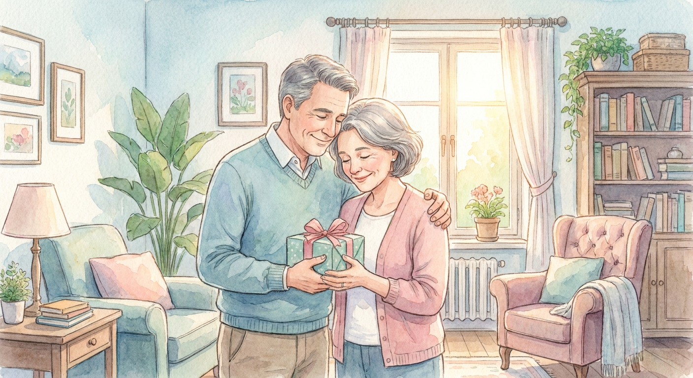 妻にプレゼントを手渡す夫婦のあたたかいイメージ（水彩イラスト風）