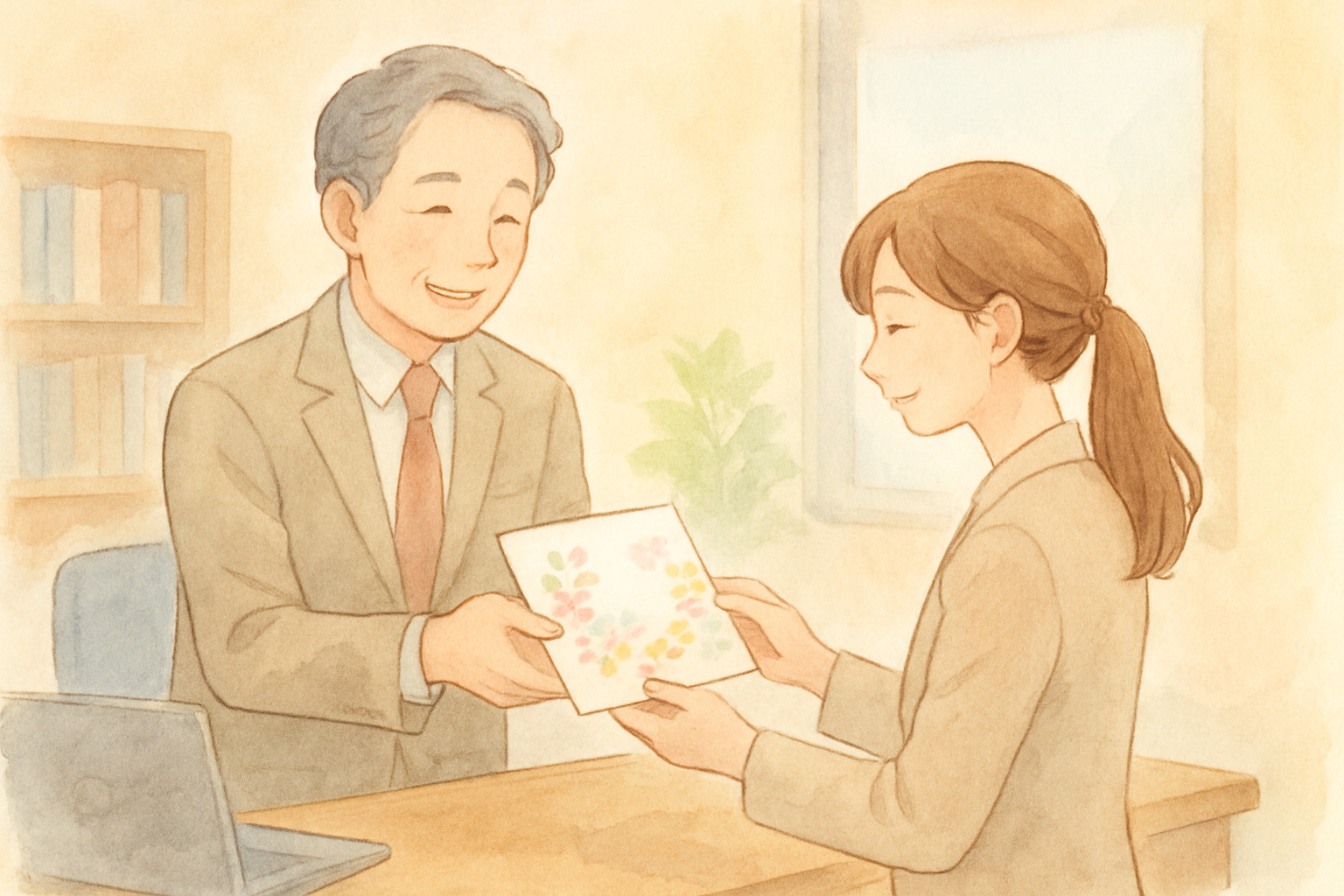 退職する後輩に色紙を渡す職場のイラスト