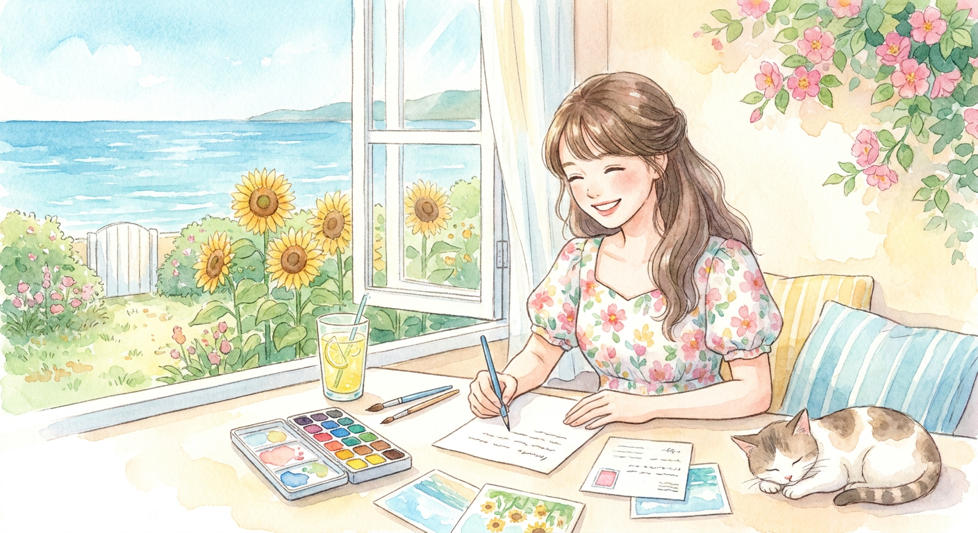夏の手紙やハガキを書いている明るいイメージ(水彩イラスト風)