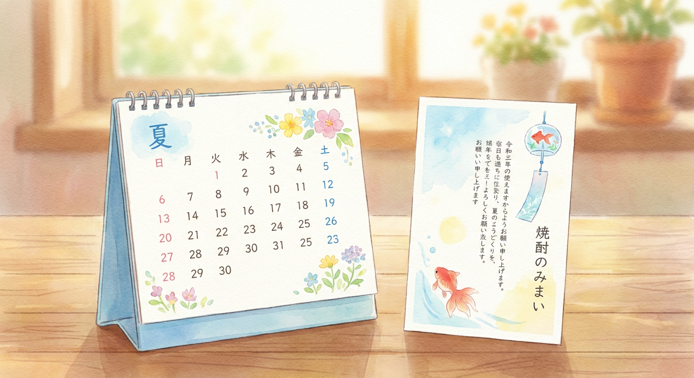 カレンダーと暑中見舞いはがきを並べた季節感のあるイメージ（水彩イラスト風）