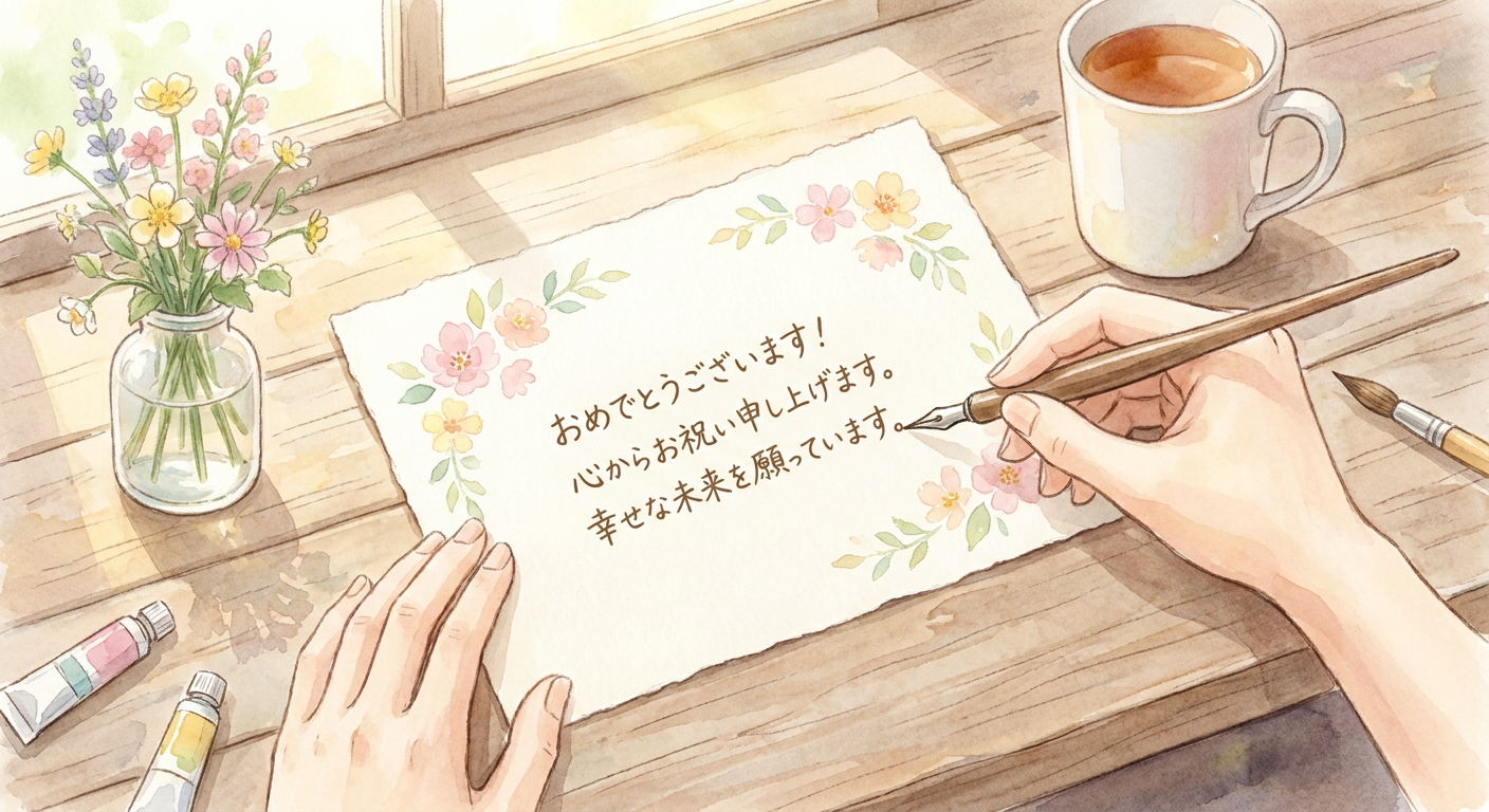 メッセージカードに手書きでお祝いの言葉を書いているイメージ