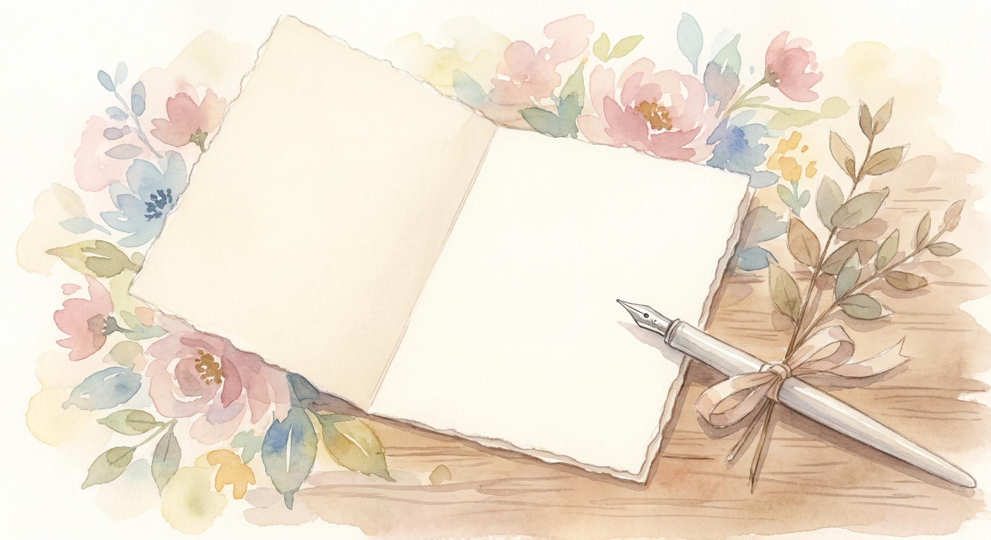 結婚祝いのメッセージカードとペンのイメージ（水彩イラスト風）