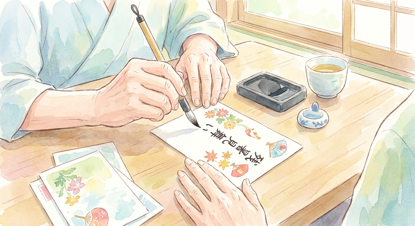 残暑見舞いはがきを書いている手元のイメージ