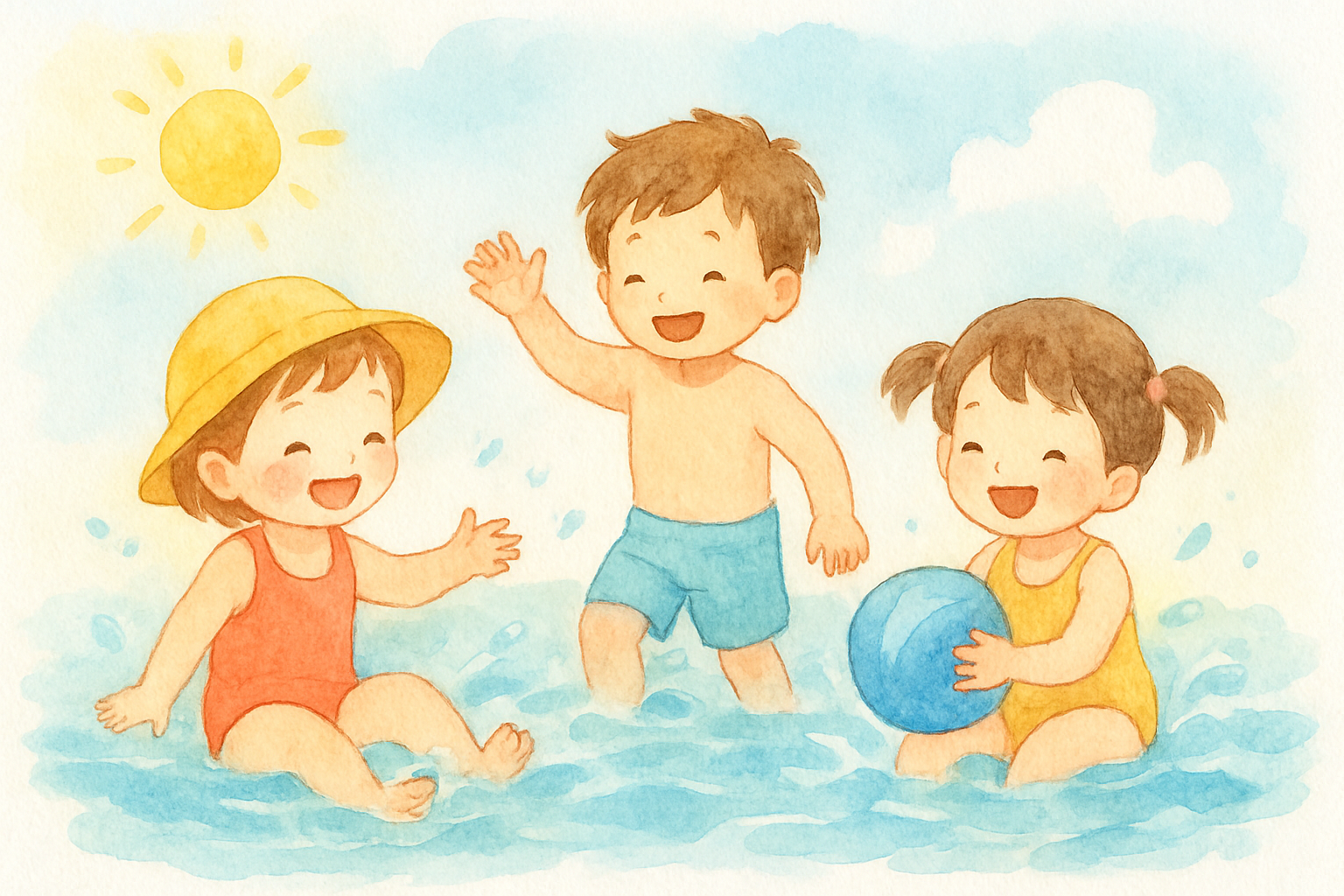 水遊びやプールで遊ぶ子どものやわらかいイラスト（水彩イラスト風）