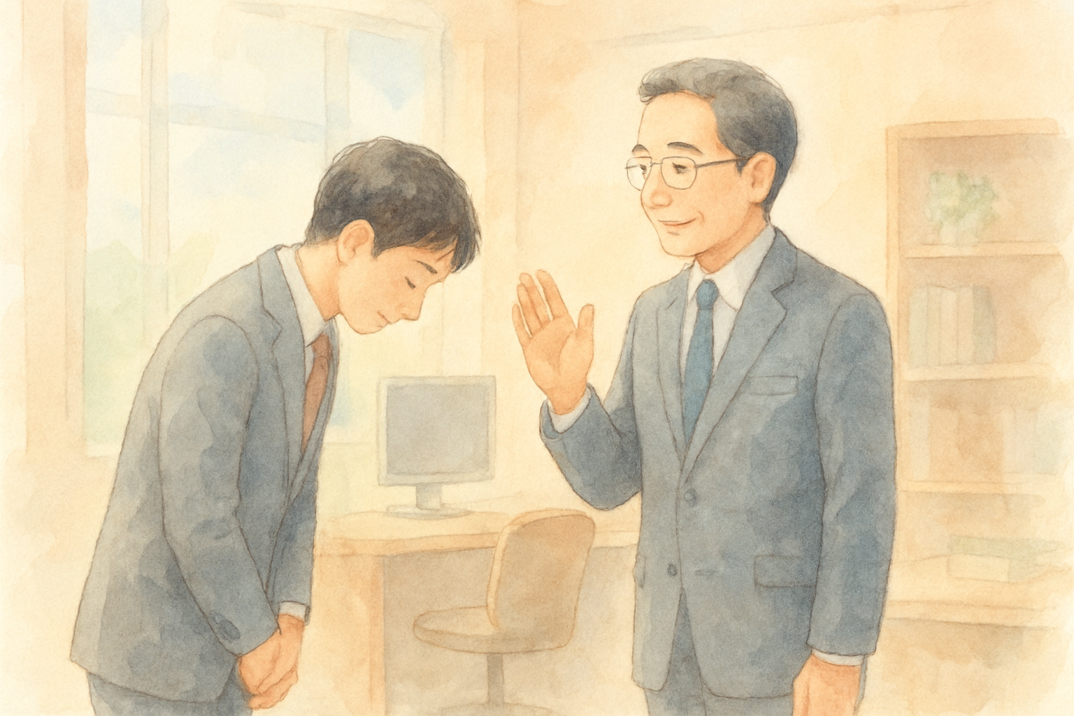 オフィスで上司にあいさつをする場面のイメージ