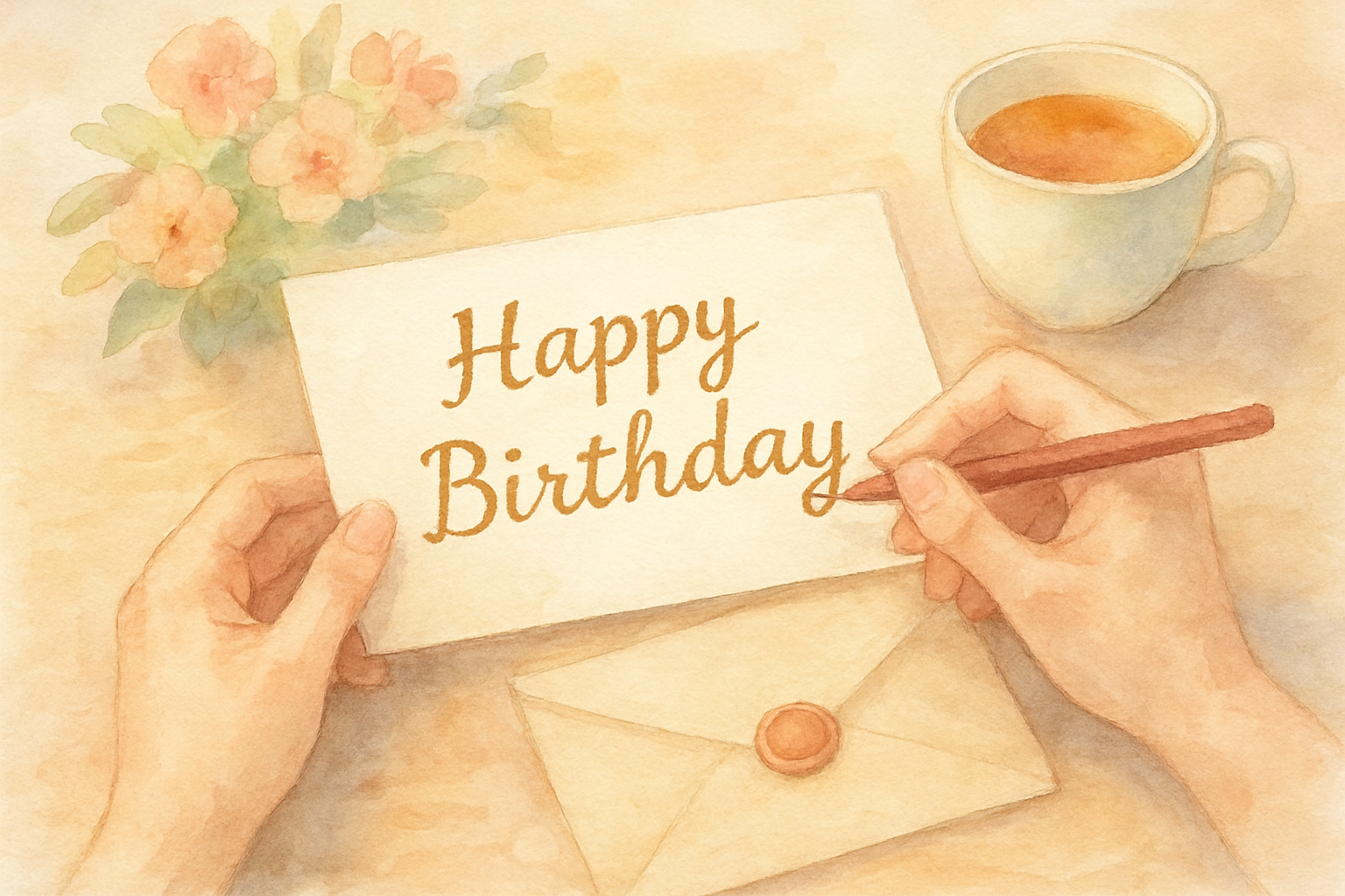 誕生日メッセージカードを書いているイメージ（水彩イラスト風）