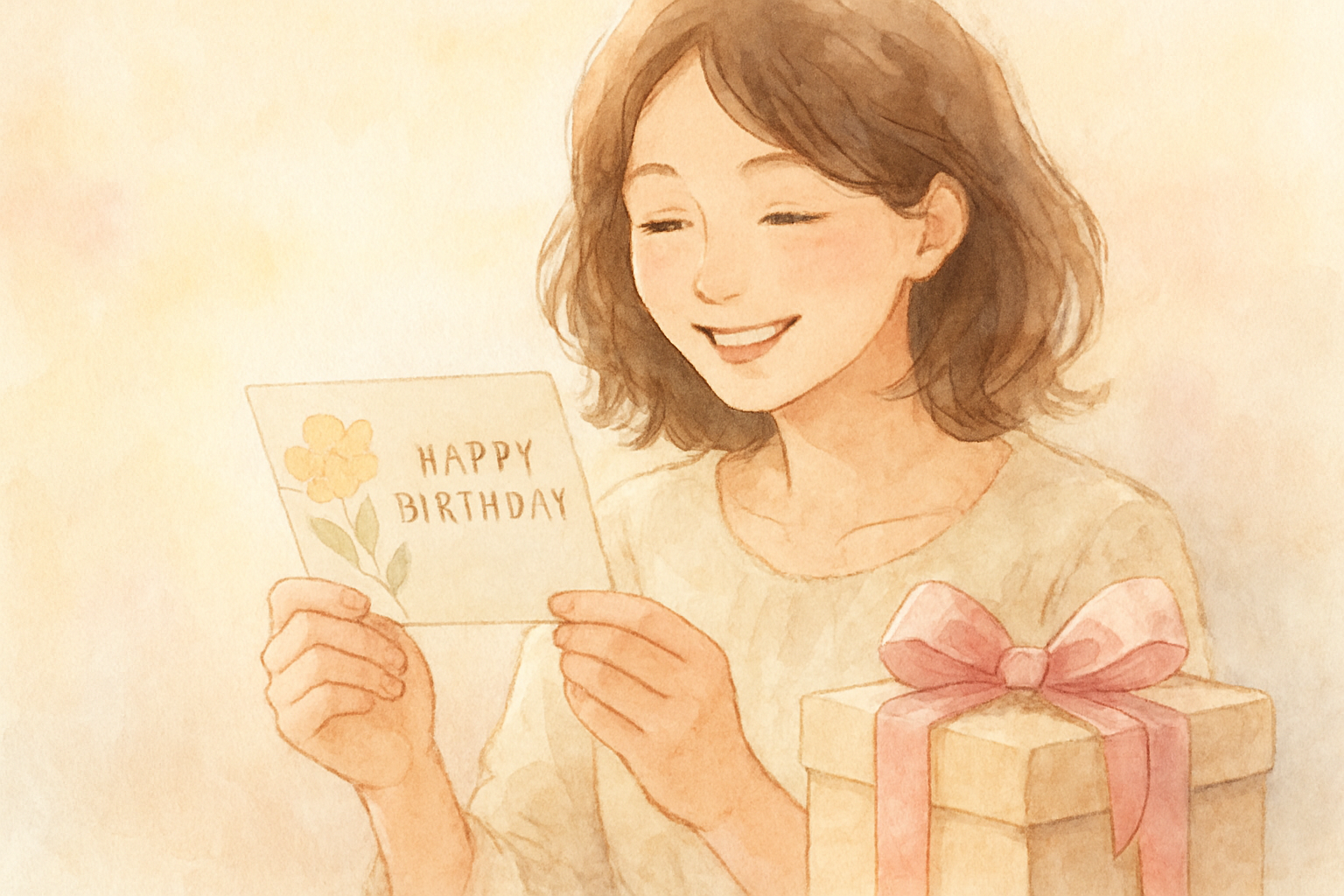 誕生日メッセージカードとプレゼントを前に微笑む女性のイメージ（水彩イラスト風）