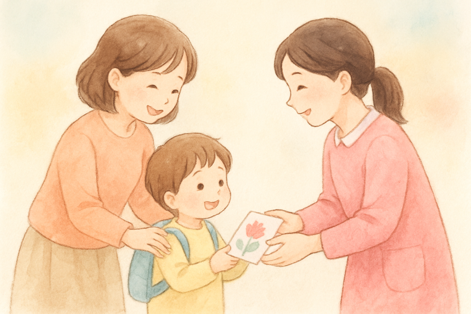 保育園の先生へメッセージカードを渡す親子のイメージ
