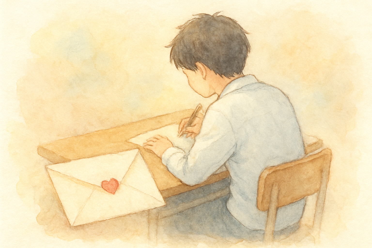 机に向かう受験生と、そっと置かれた手紙のイメージ