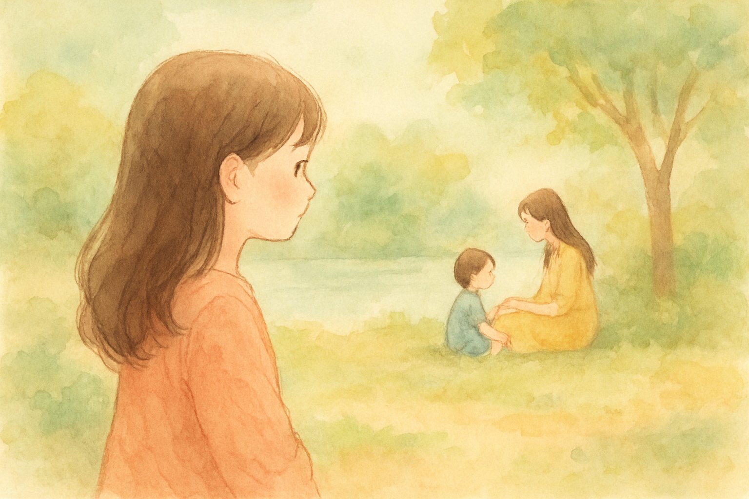 離れた場所からそっと見守るイメージ（水彩イラスト風）