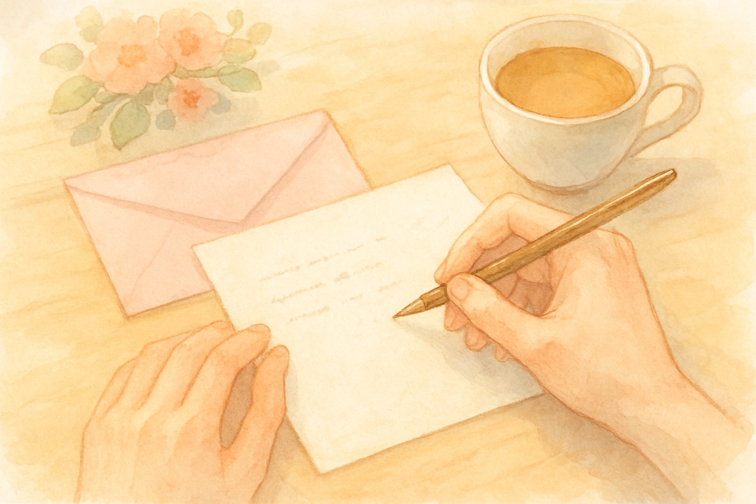 手紙やメッセージカードを書いている手元のイメージ（水彩イラスト風）