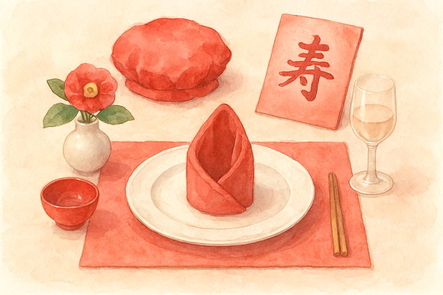 赤いアイテムを添えた還暦祝いのテーブルセッティング（水彩イラスト風）