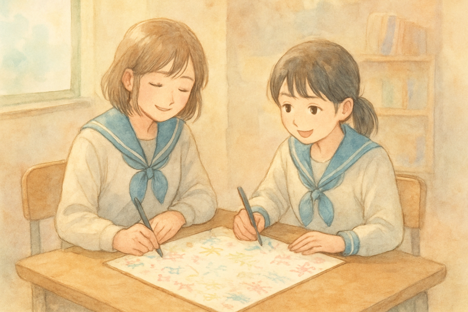 部室で先輩と後輩が寄せ書きの色紙を囲んでいるイメージ