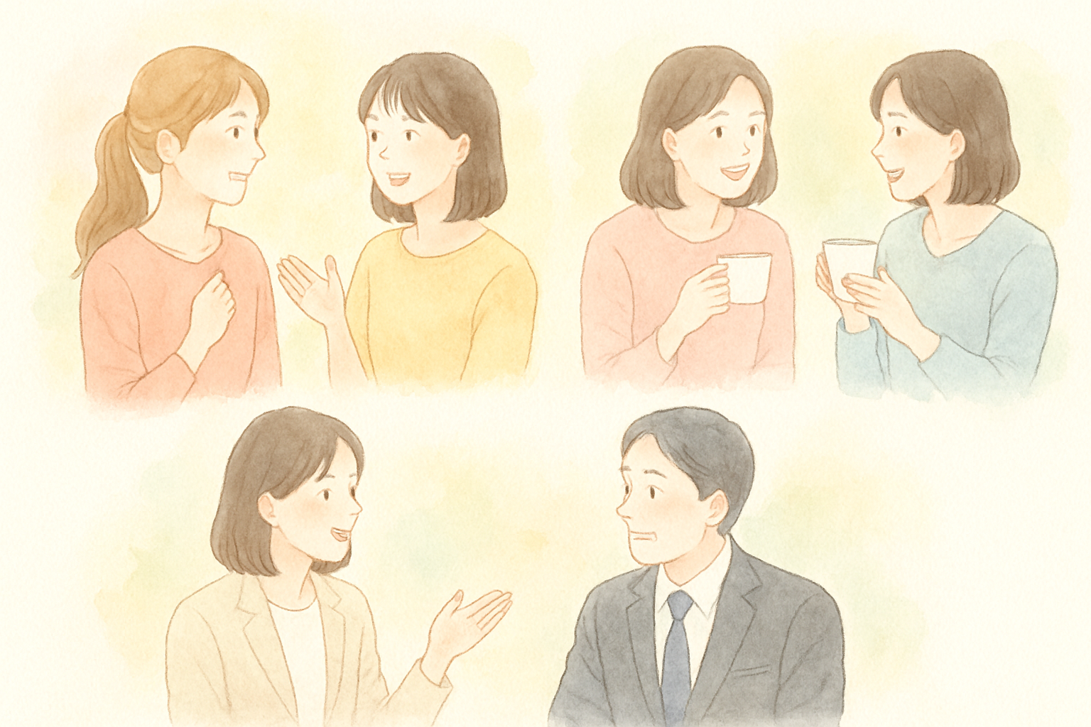 友達・ママ友・上司など相手別のやりとりをイメージしたイラスト