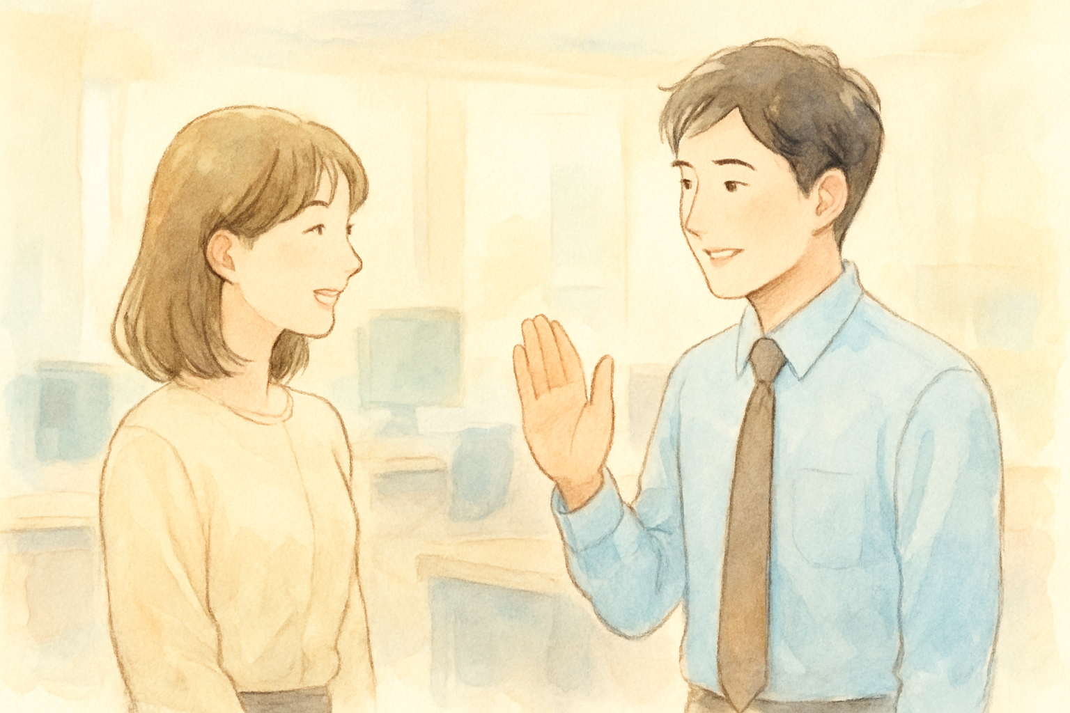 職場で同僚に「お疲れさまでした」と声をかけるやわらかいイメージ
