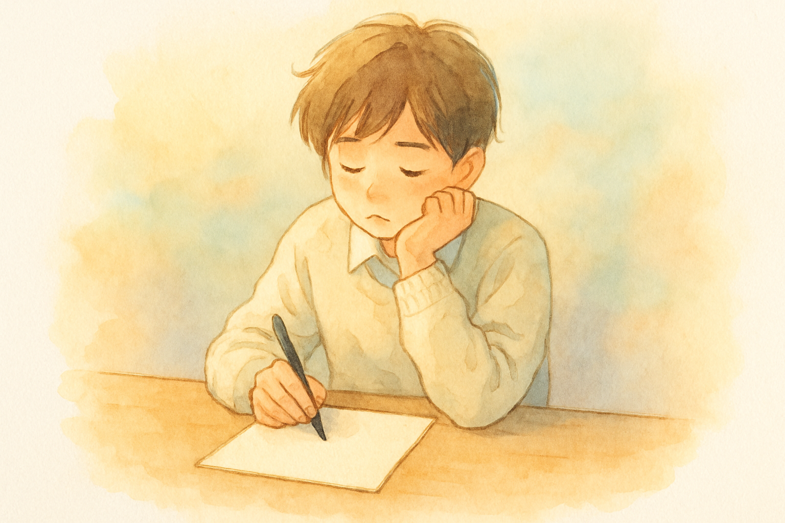 色紙にメッセージを書こうとしてペンが止まっている学生のイメージ