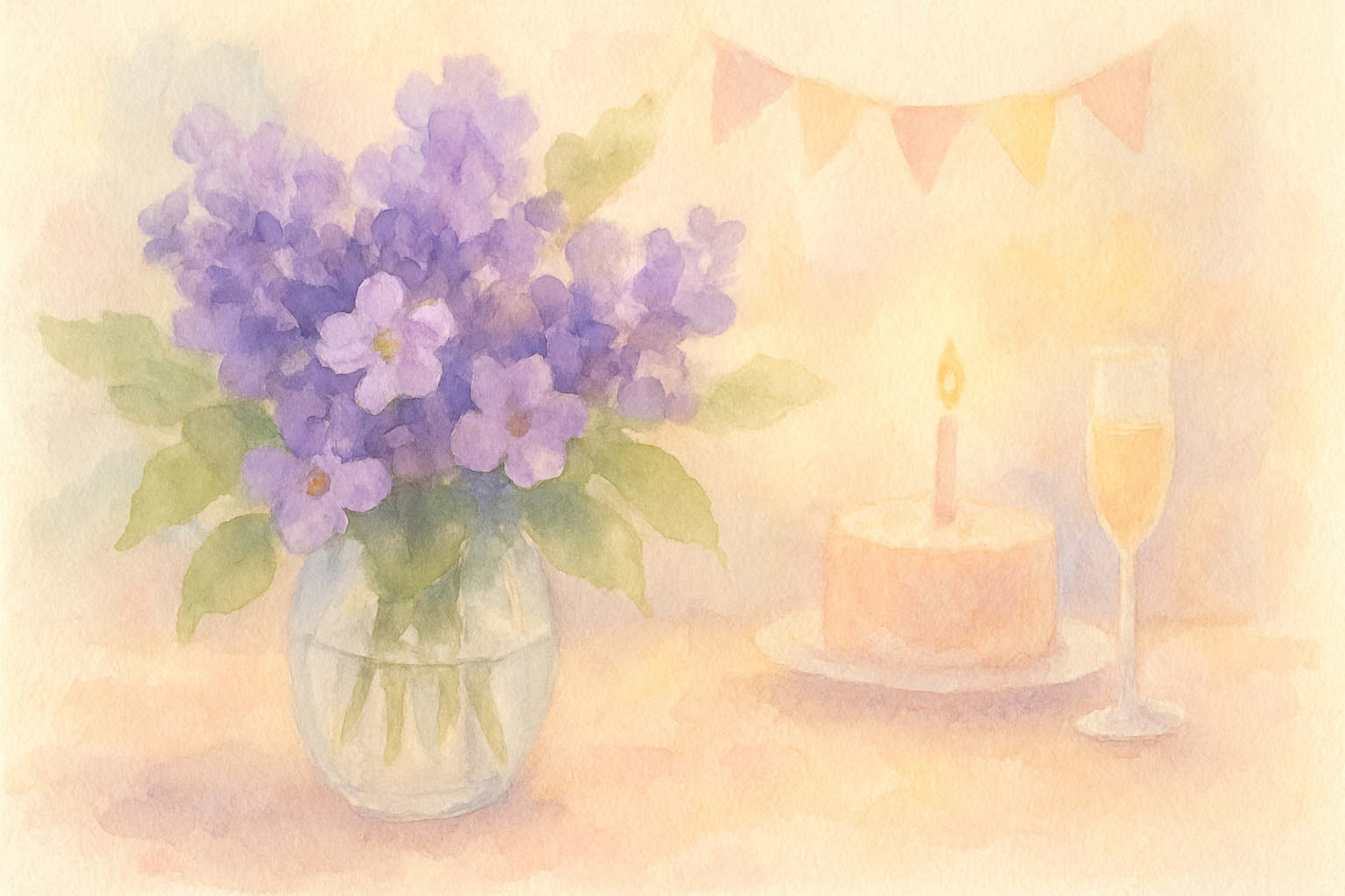 紫色の花と祝いの席のやわらかなイメージ