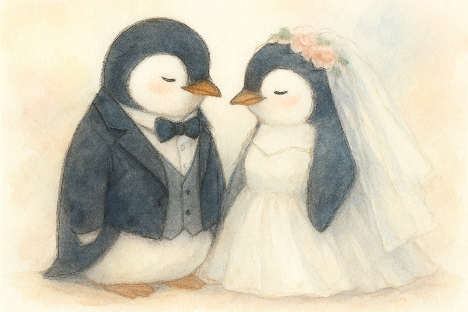 タキシードとウェディングドレスを着たペンギンのカップルのイメージ
