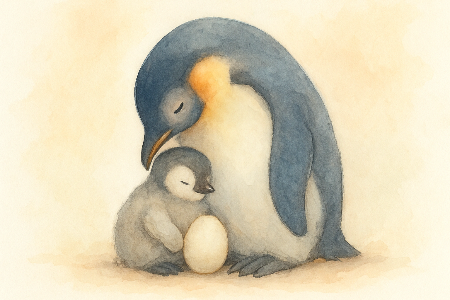 卵やヒナを2羽で寄り添って世話するペンギンの親子のイメージ