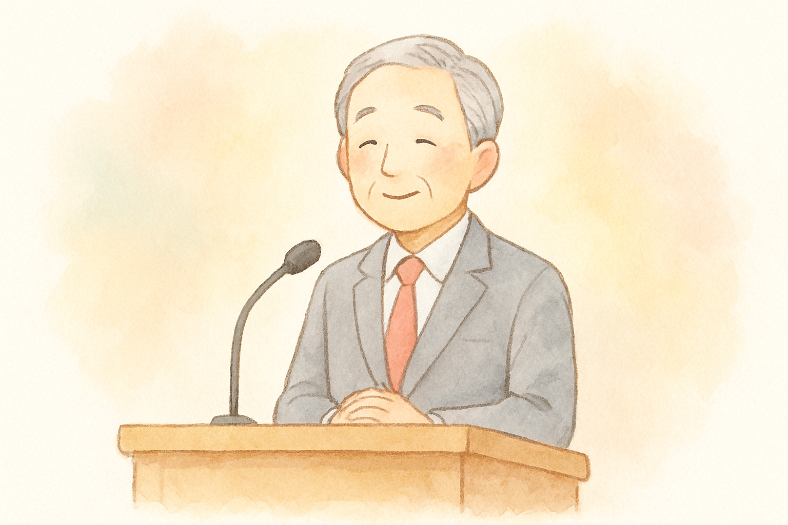 役員退任のあいさつをする人のやわらかい水彩イラスト