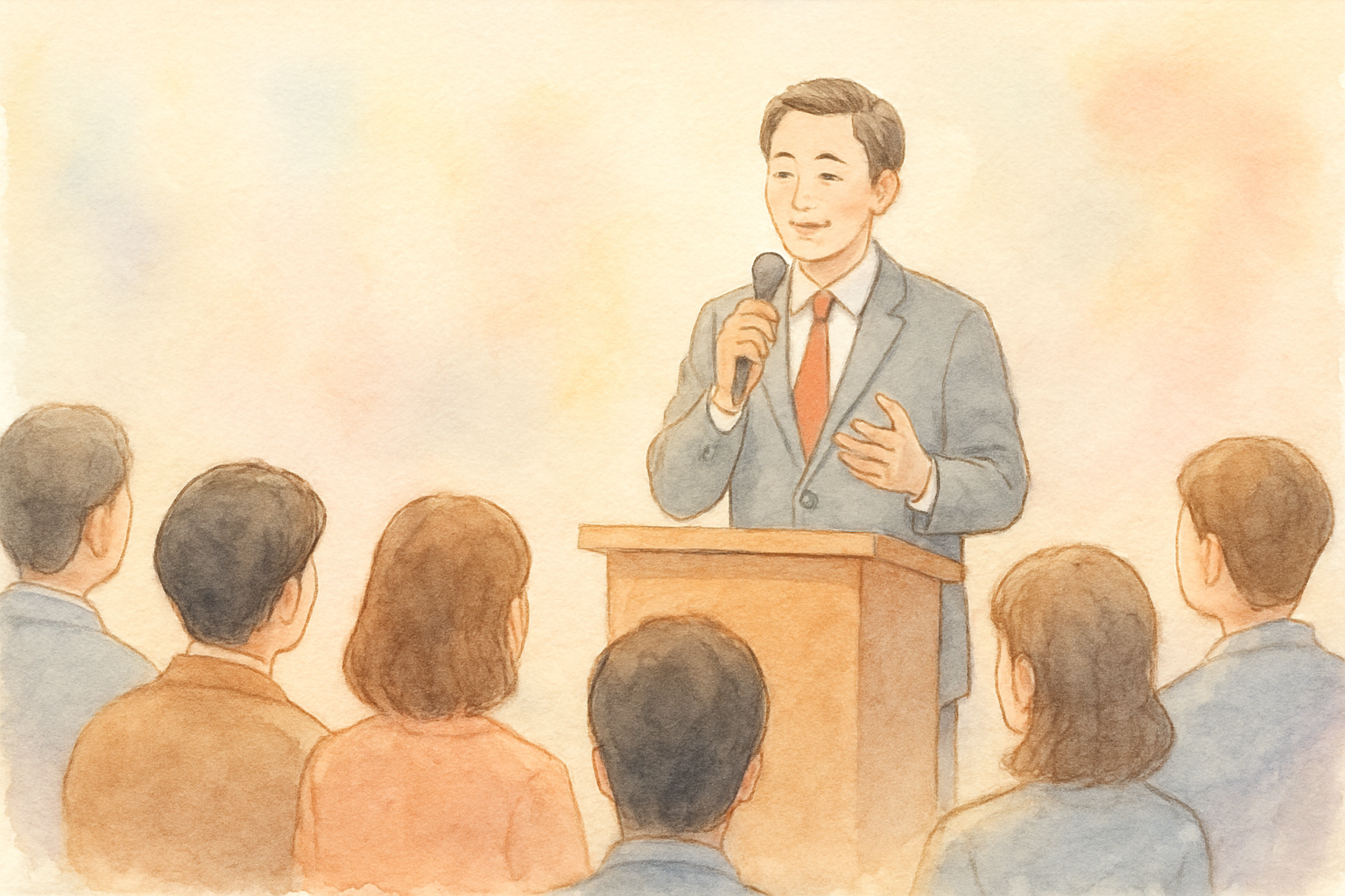 総会や集まりの場で挨拶する場面の水彩イラスト