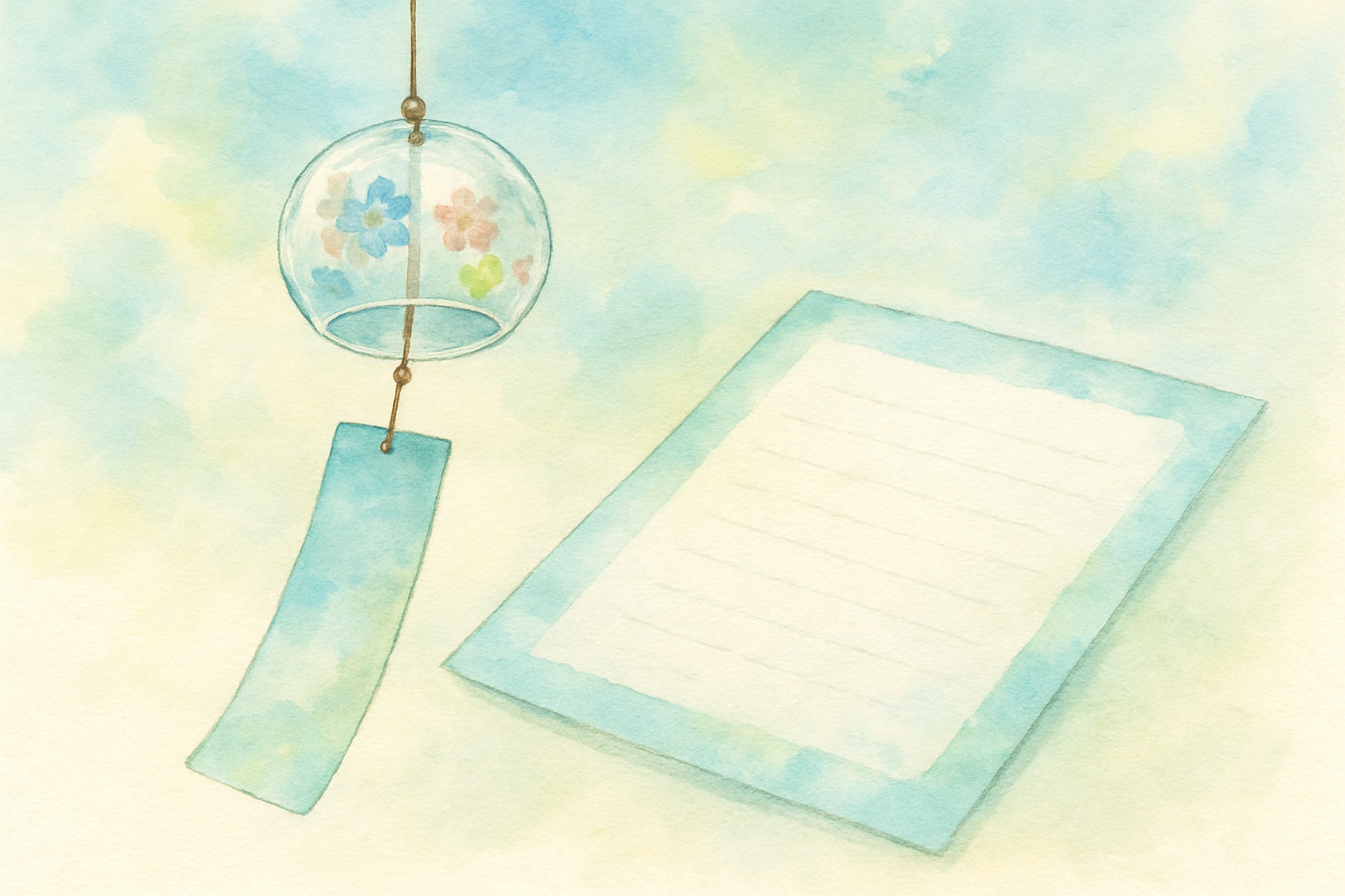 夏の終わりを感じる風鈴や涼しげな便箋のイメージ（水彩イラスト風）