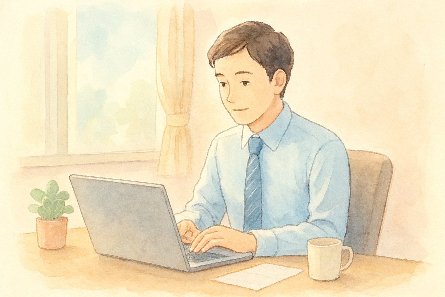 オフィスのデスクでノートパソコンに向かいメールを書く会社員のイメージ