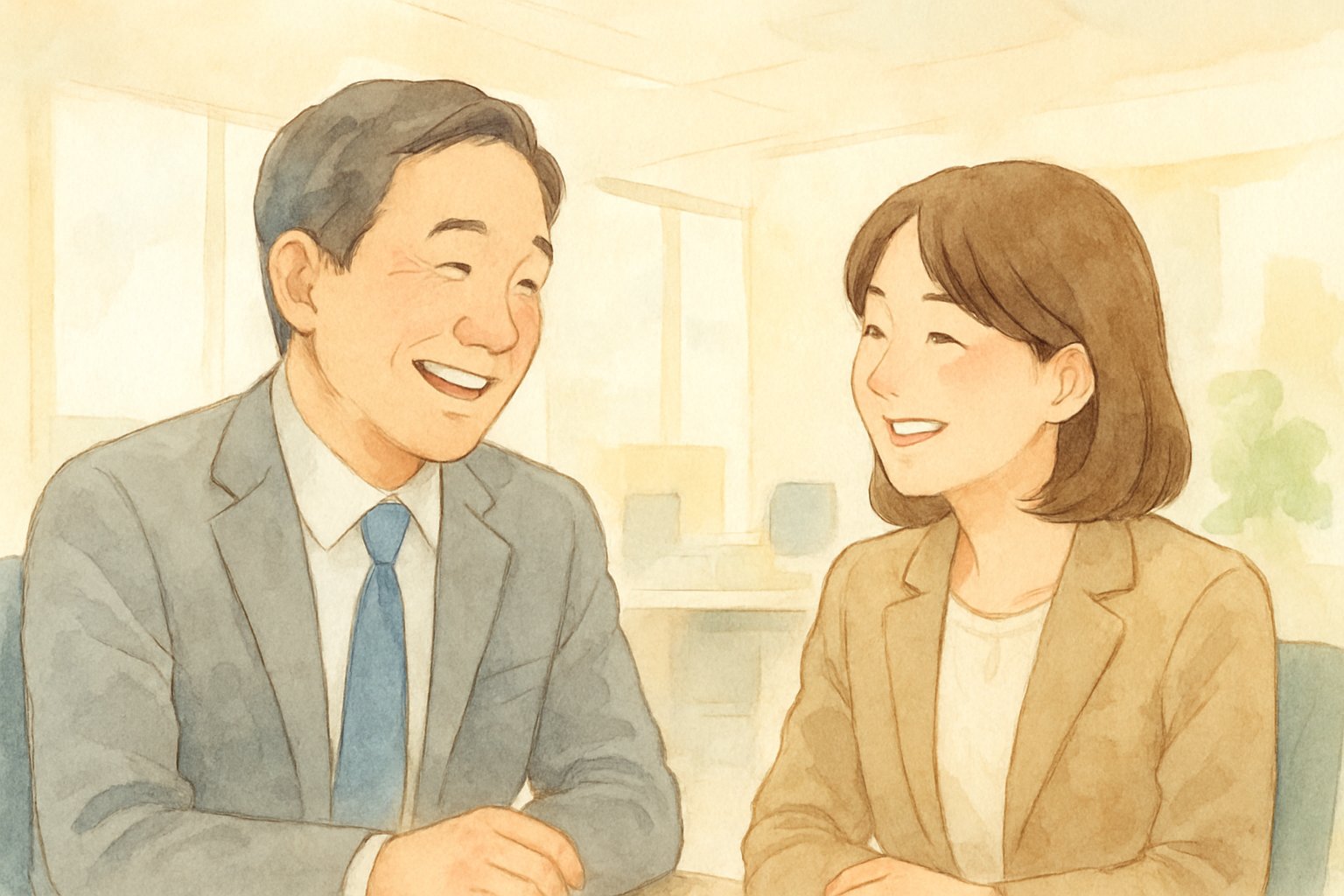 オフィスで上司と部下が笑顔で短く言葉を交わしている場面のイメージ