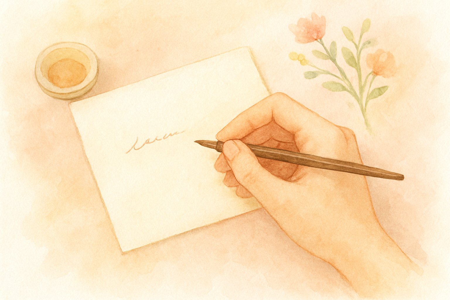 メッセージカードに手書きで一言を書いている手元