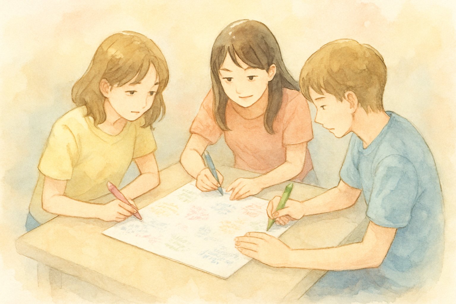 部員たちが寄せ書きの色紙にメッセージを書き込んでいる水彩イラスト