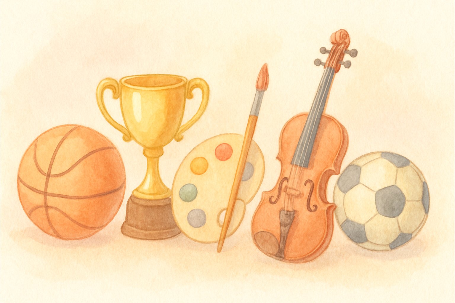 運動部と文化部の道具(ボール・トロフィー・楽器・絵筆)を並べた水彩イラスト