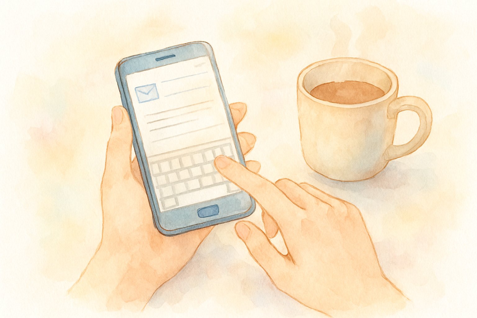 スマートフォンでメールを打つ手元と、そばに置かれたマグカップの水彩イラスト
