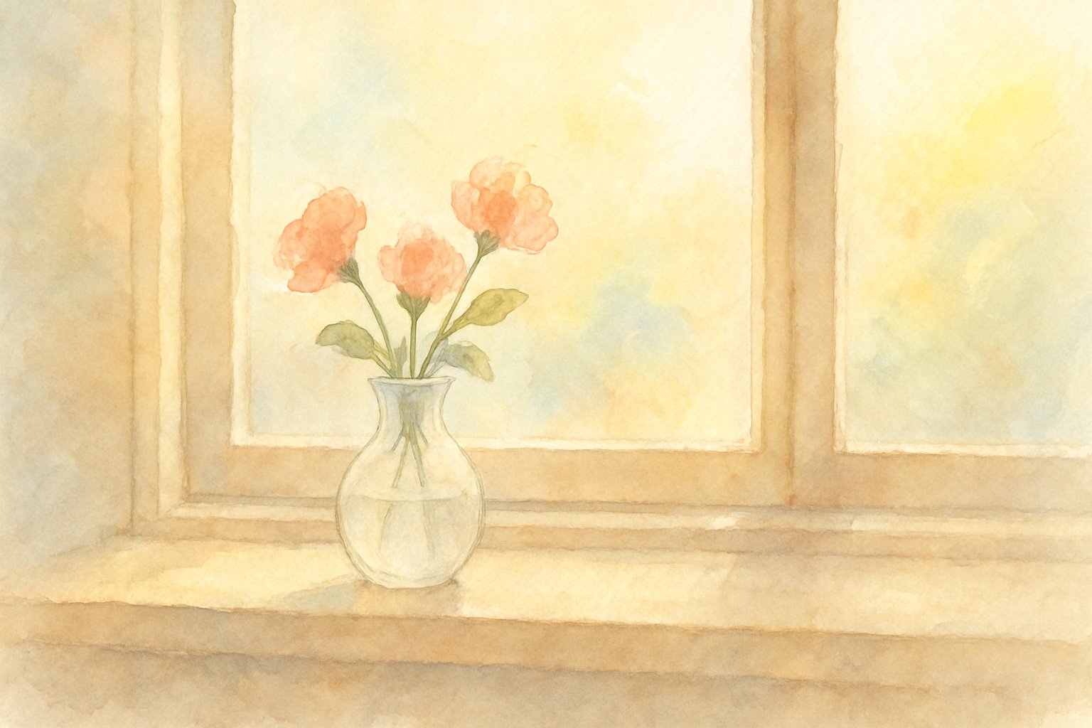 病室の窓辺に置かれた小さな花瓶と、やわらかな朝の光の水彩イラスト