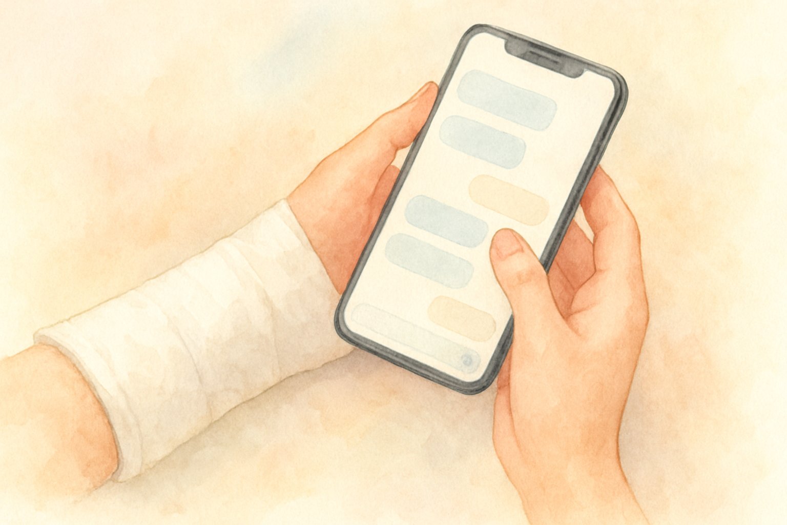 ギプスをした腕とスマートフォンでメッセージを読んでいる手元のイメージ