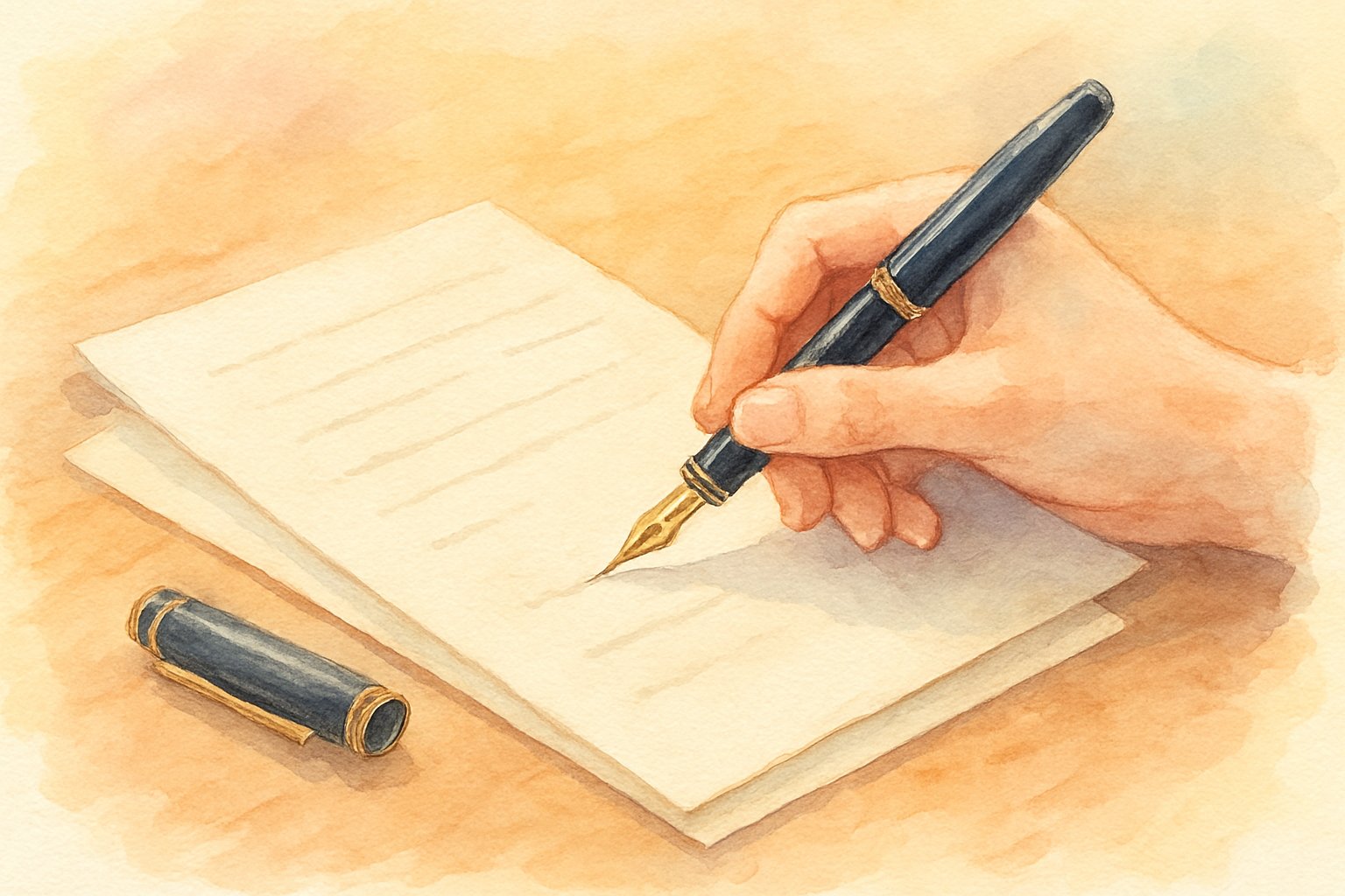便箋と万年筆を机に広げ、書き出しを書いている手元のイメージ