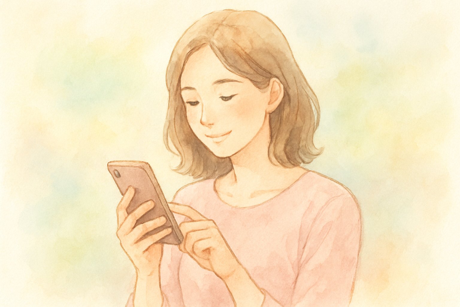 スマホでお見舞いのメッセージを送る人の水彩イラスト