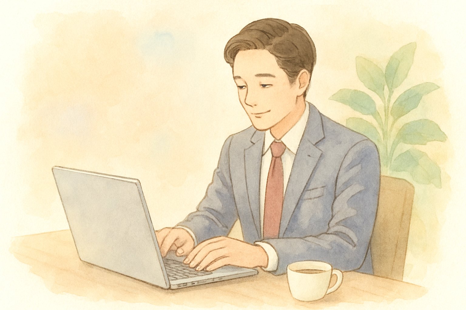 ノートパソコンでお見舞いメールを書くビジネスパーソンの水彩イラスト